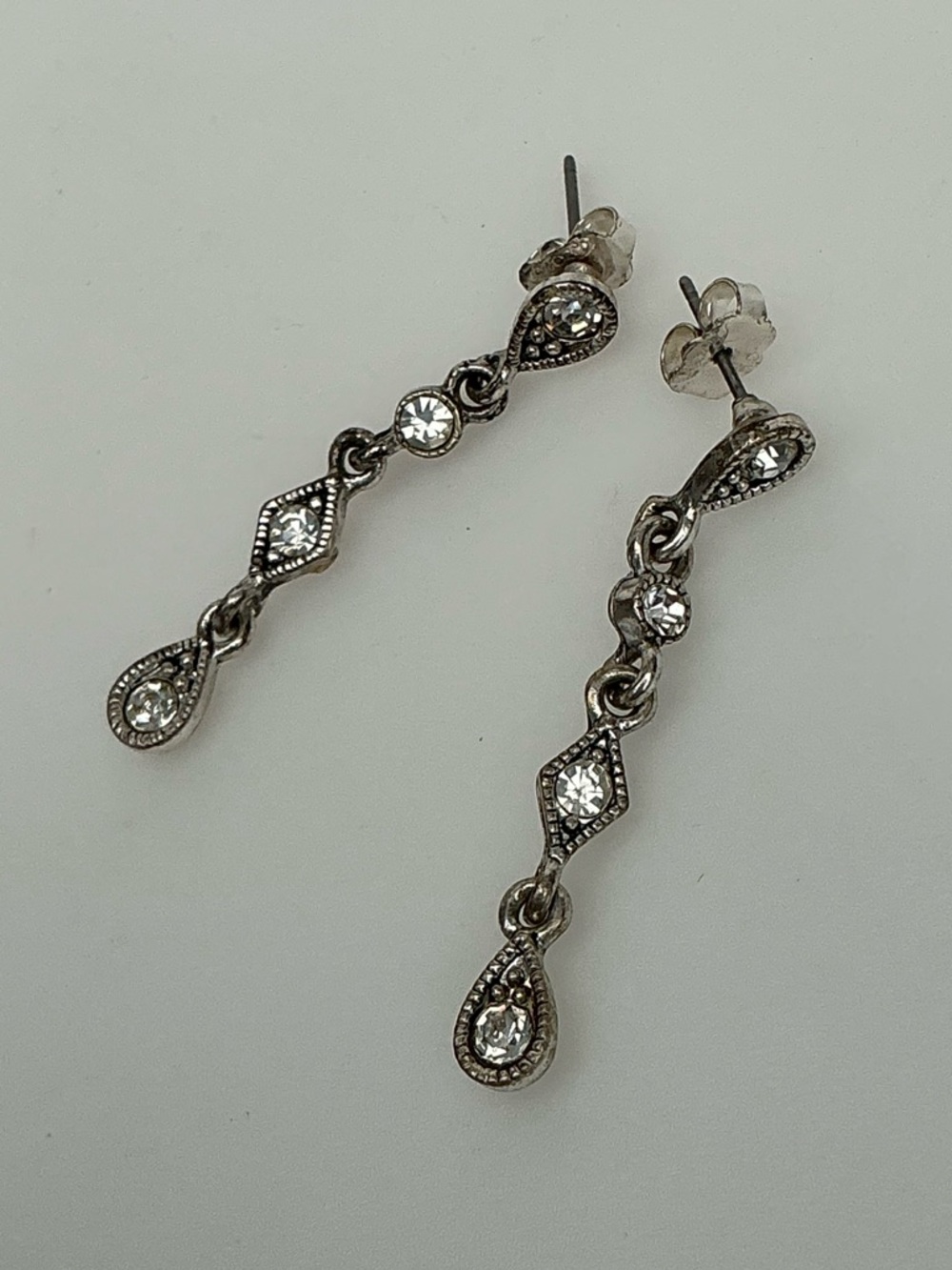 Vintage Style Rhinestone Dangle Earrings Silver Tone Art Deco Inspired Drop